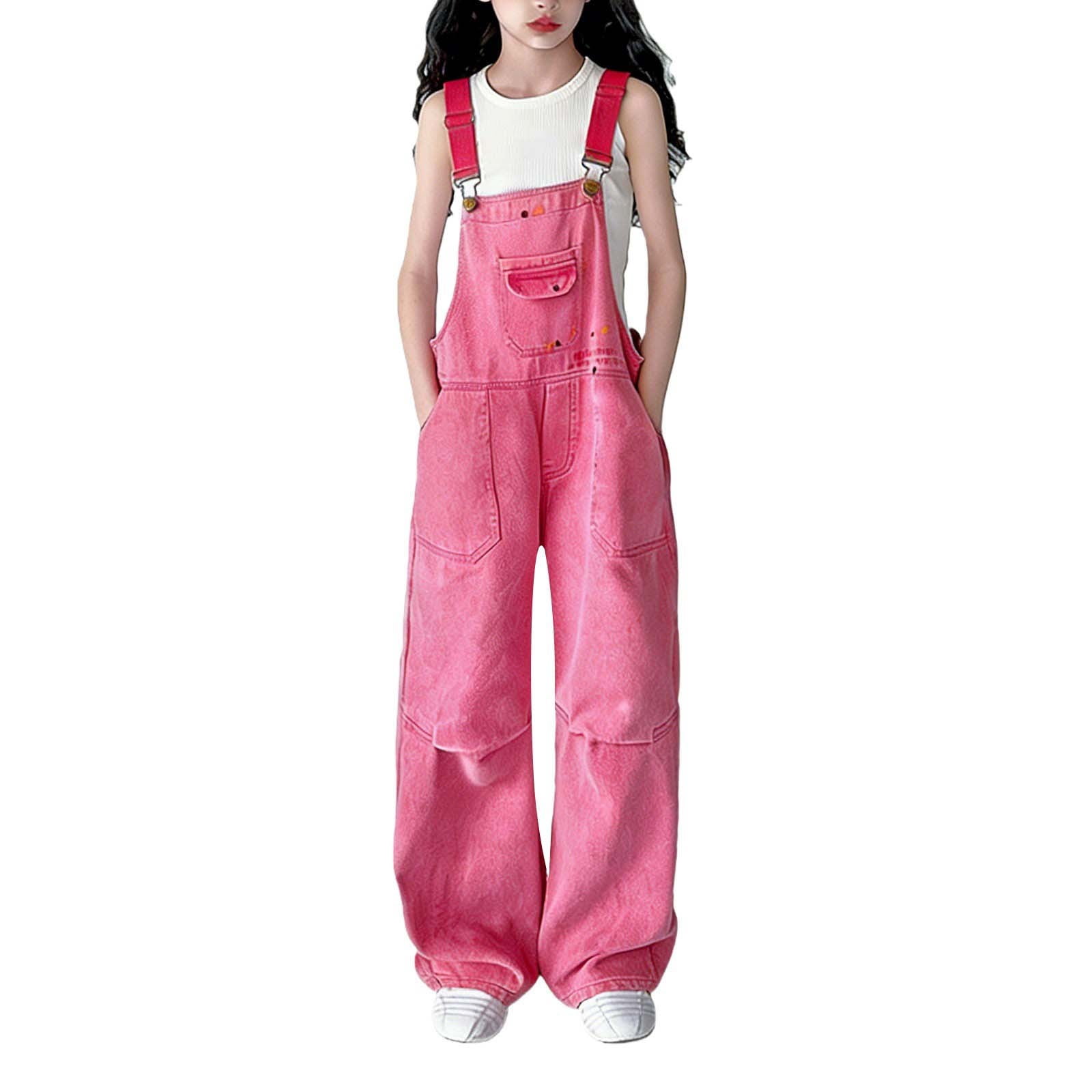 UACY Teen Girls Y2K Denim Overalls Adjustable Strap Aesthetic Preppy Jeans Jumpsuit Fashion School Uniform Bib Overall (Hot Pink, 13-14 Years)