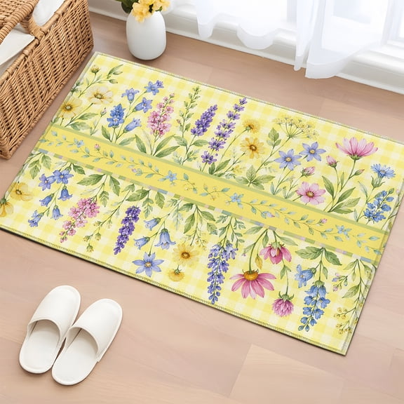 Flowers 2'x3' Washable Rug, Spring Botanical Floral Yellow Buffalo Plaid Non-Slip Soft Doormat Area Rugs for Entrance Bathroom Bedsides, Front Doormat Carpet for Kitchen Bedroom, Entryway Floor Mat