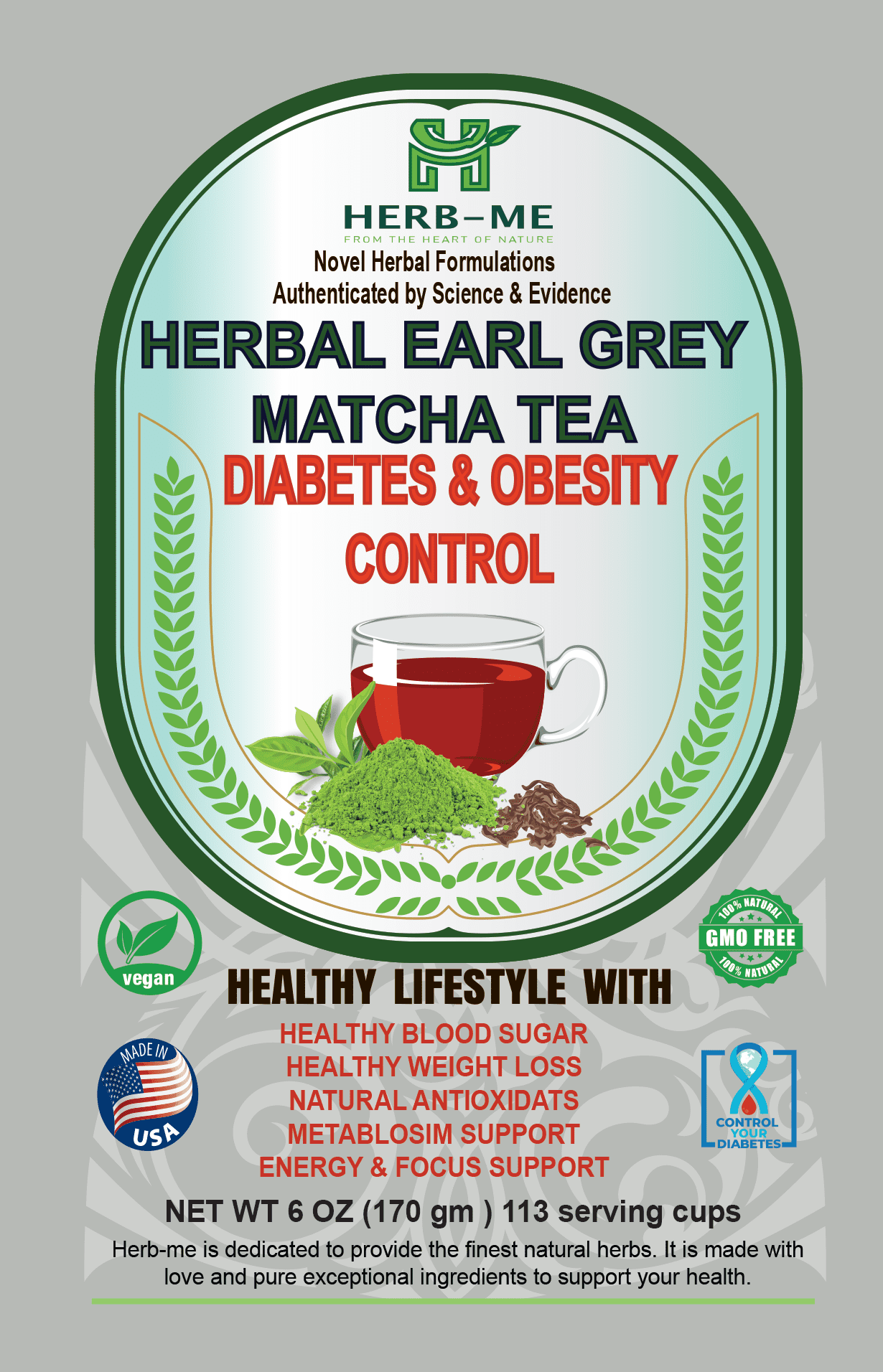 HerbMe, Black Tea - Diabetes and Obesity Control - Earl Grey Matcha -  Healthy Brain- All Organic, 113 Serving Cups
