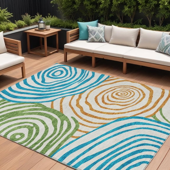 8' X 10' White Orange And Teal Blue Abstract Washable Indoor Outdoor Area Rug