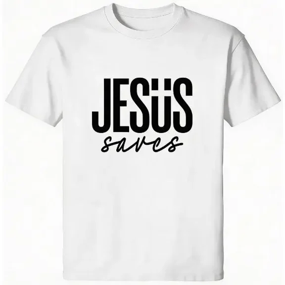 Jesus Saves Minimal Letter Graphic Unisex Crew Neck Short Sleeve Cotton T-Shirt