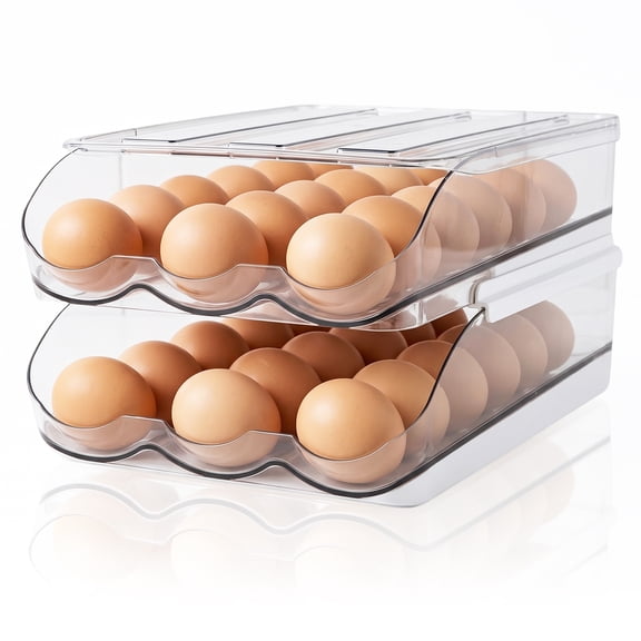 Biiend 2-Tier Rolling Egg Holder for Refrigerator, Clear Egg Dispenser with Lid, Space Saving Egg Organizer Tray Storage Container for Fridge