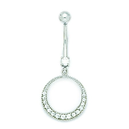 14k White Gold Cubic Zirconia 14 Gauge Dangling Circle Body Jewelry Belly Ring - Measures 38x16mm