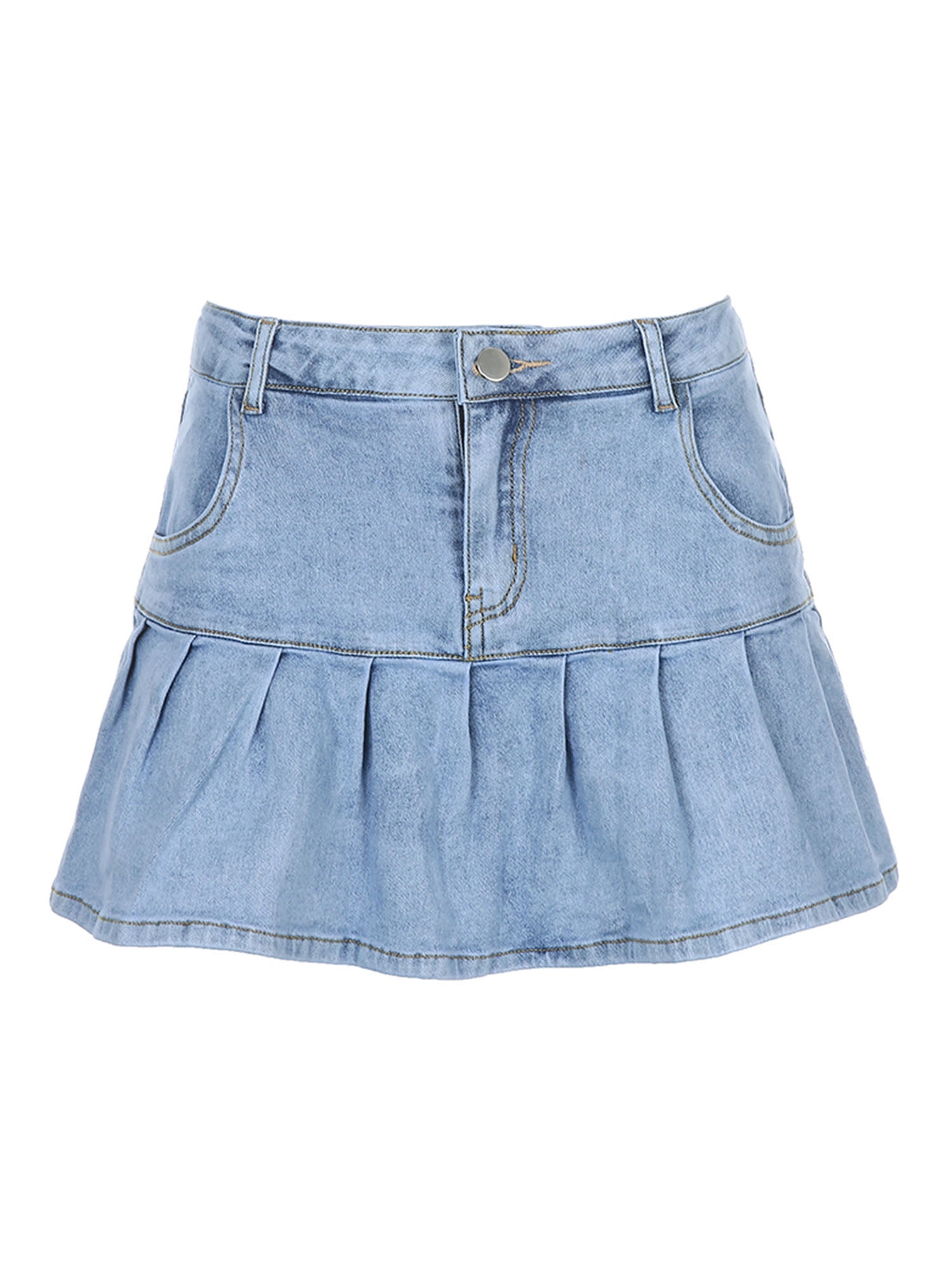 Yeokou Womens Casual Slim A-line Pleated Ruffle Short Mini Denim Skirts 