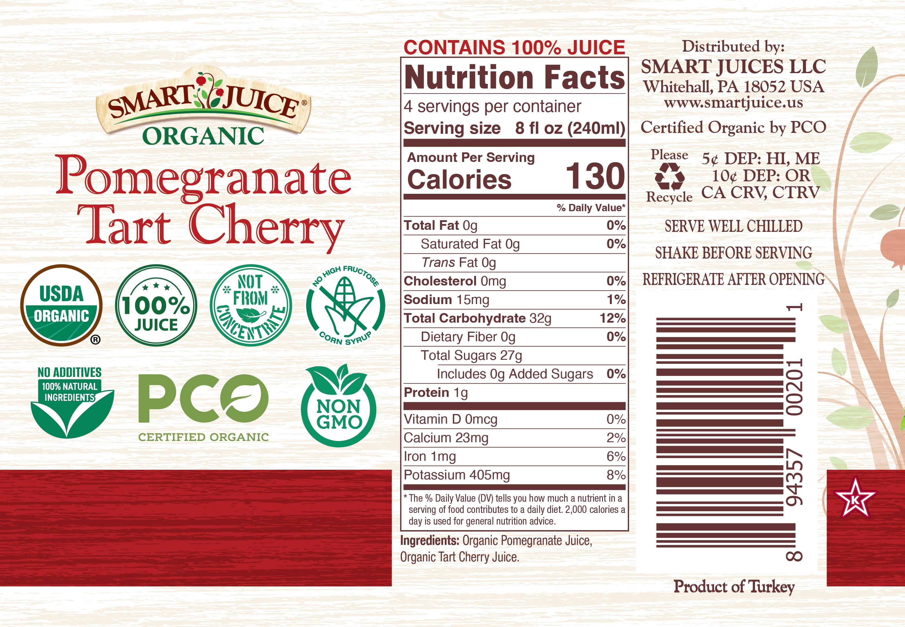 Smart Juice Organic Pomegranate–Tart Cherry Juice - 100% Juice, Not From Concentrate - 33.8 fl oz (1L) - (case of 6)