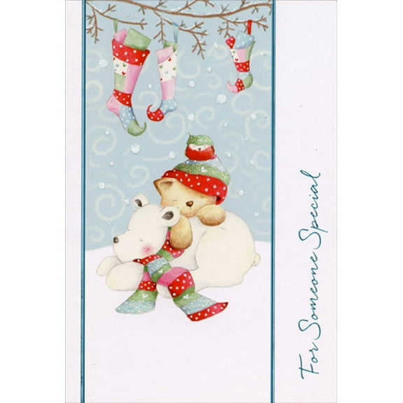 Pictura Sleeping Polar Bear, Cat, Robin Under Stockings Christmas Card for Someone Special