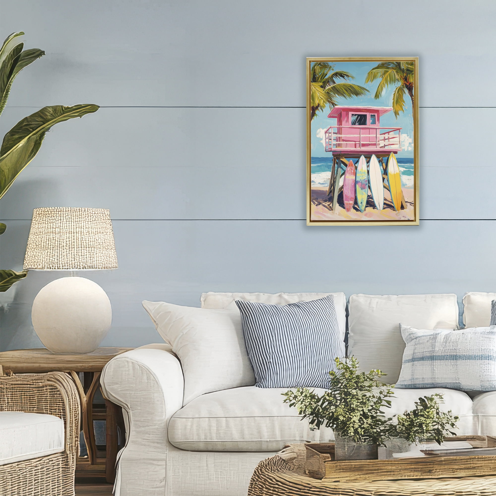 Stupell Industries High Pink Surf Shack Gold Framed Floater Canvas Wall Art, design by Petal Prints Design