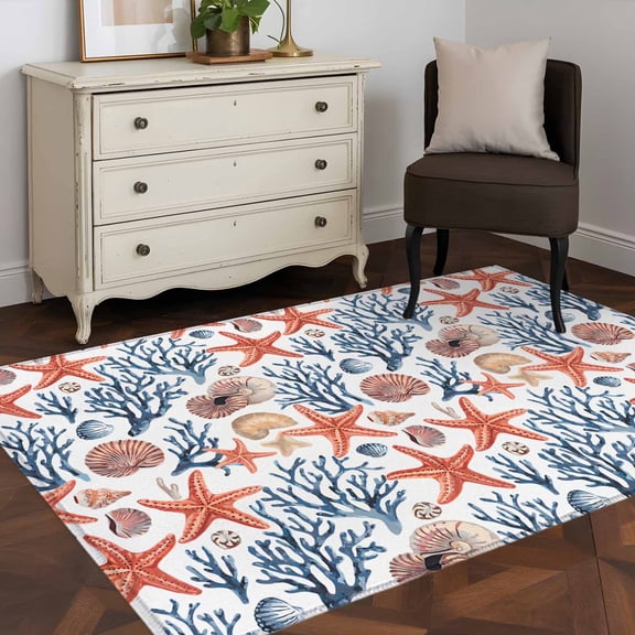 3'x5' Area Rugs, Coastal Indoor Outdoor Area Rug for Living Room Bedroom, Summer Beach Starfish Coral Shell Conch Nautical Washable Bathroom Rugs Kitchen Floor Carpet Mats Home Decor Aesthetic