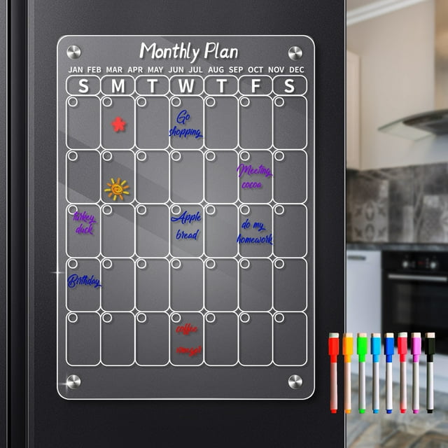 Acrylic Magnetic Whiteboard For Fridge – Monthly & Weekly Calendar, 16x12 Inches