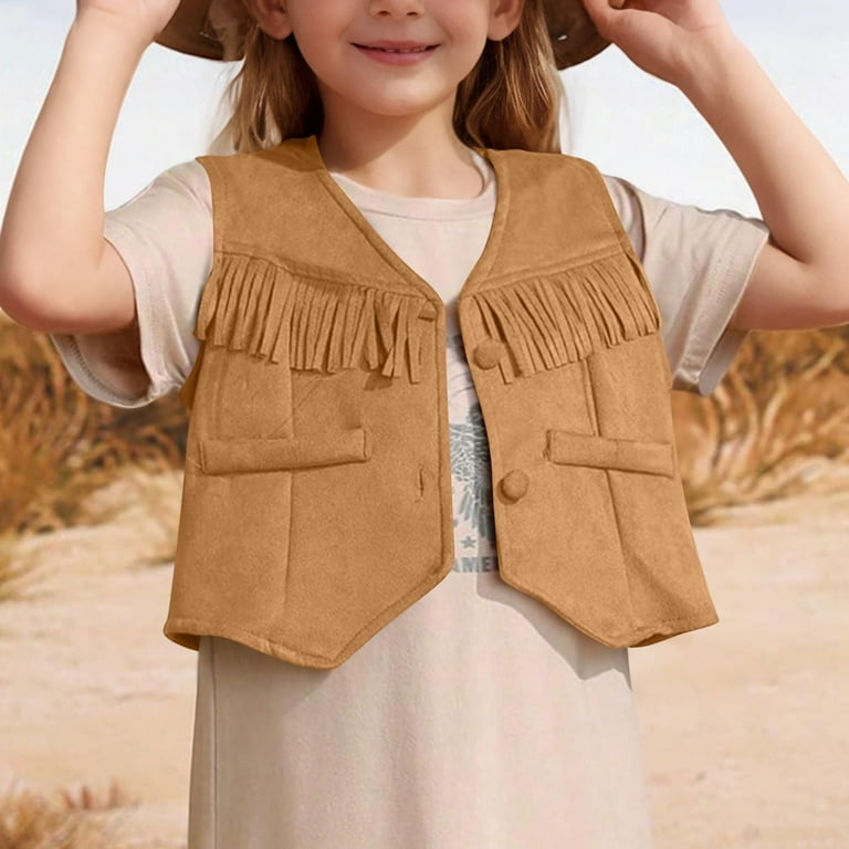 Boys Girls Retro Cowboy Vest Suede Leather Costume Style V Neck 