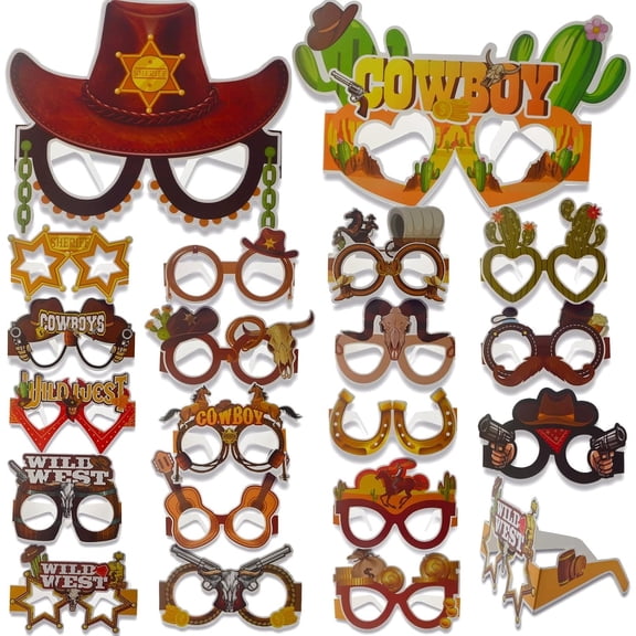 20 Pieces Western Paper Glasses Party Decoration Favors Mixed Wild West Cowboy Hat Rodeo Photo Booth Props Cardpaper Eyeglasses for Western Theme Birthday Parties Supplies