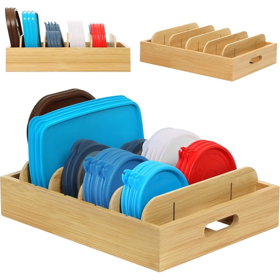 CEYAZYE Bamboo Pot Lid Storage - Lid Organiser Kitchen - Pot Lid Holder Drawer & Plate Stand Wood with 5 Adjustable Dividers & Handles - Pan Organiser Drawer