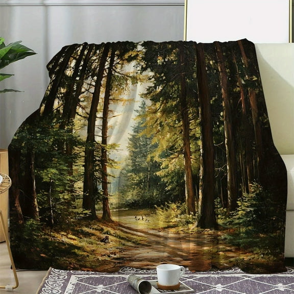 Vintage Forest Path Print Flannel Blanket Soft Warm All-Season Throw for Sofa Bed Car Camping Office Cozy Home Decor & Outdoor Travel Gift Picnic Blanket Comfortable Bedding