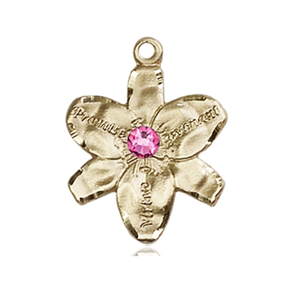 14kt Yellow Gold Chastity Medal with 3mm May Green Swarovski Crystal 5/8 x 1/2 inches