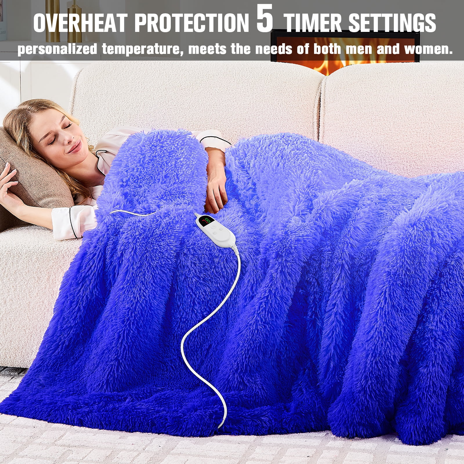 PMONPA Heated Blanket for Adult, Soft Faux Fur & Sherpa Electric Blanket, Fast-Heating with 10 Heating Levels & 5 Options Auto off, 51"x 61", New Blue