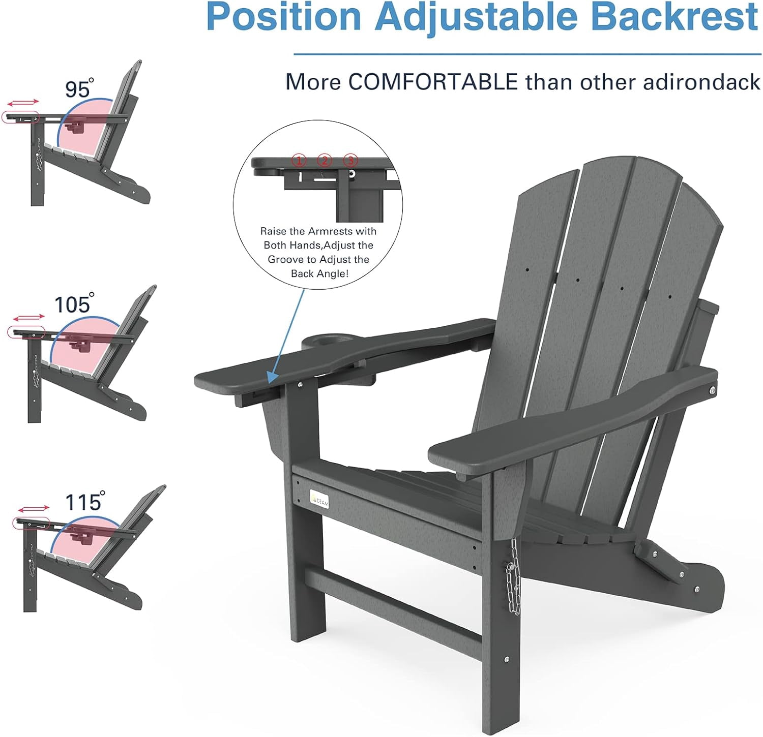 Erinnyees 3-Level Adjustable Adirondack Chair Set of 2, Wooden Textured, HDPE All-Weather Folding Fire Pit Chair with Cup Holder, Outdoor Chair for Beach Deck Patio Garden Backyard Campfire