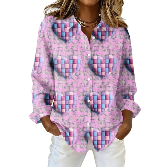Dwralegc Valentines Shirt for Women Button Down Long Sleeve Blouses Casual Lightweight Heart Print Clothes Plus Size Loose Holiday Shirts Purple 2XL