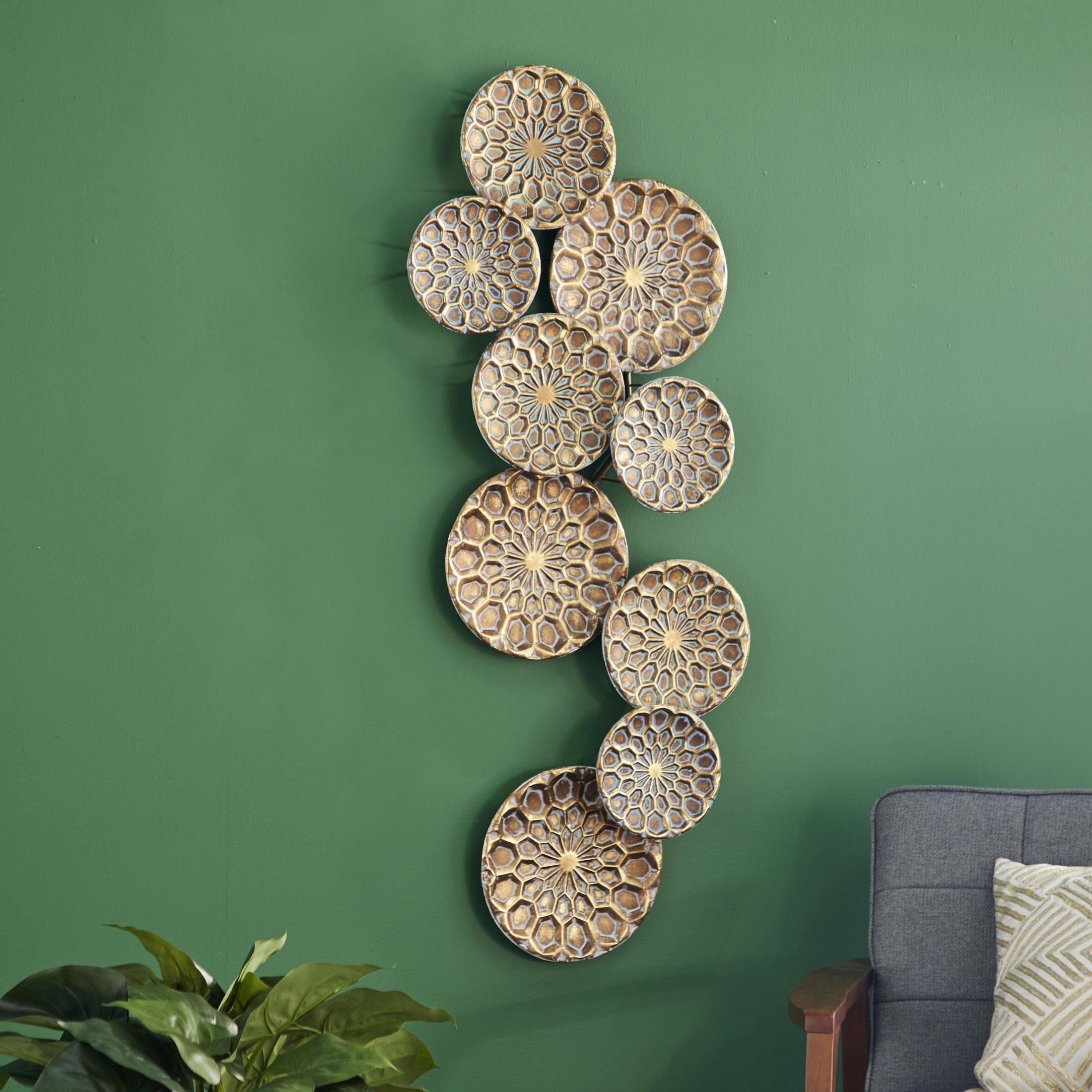 DecMode Gold Metal Embossed Floral Plate Wall Decor with Teal Accents