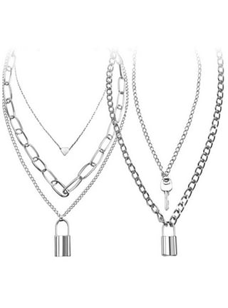 Lock necklace Lock Key Pendant Necklace Long Chain Punk Multilayer  Statement Choker Necklace for Women Men Boy Girls,Silver 