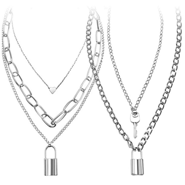 Conjunto De 2 Uds De Collar De Cadena De Bloqueo, Conjunto De Collar Con Colgante De Bloqueo De Declaración, Cadenas Multicapa De Aleación, Gargantilla Punk Para Hombres Y Mujeres Monstrate AP007229-02
