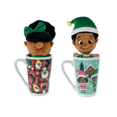 Black Paper Party, Lady Gnome and Elf Christmas Plush With a 15 Ounce Latte Mug, 2 pack Set, Ceramic, Plush, Multi-Color, Green, Online Only