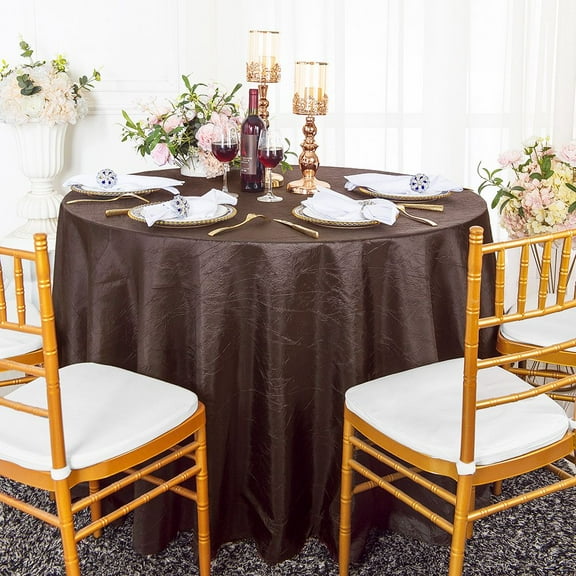Wedding Linens Inc. 120" Seamless Round Crushed Taffeta Tablecloth Crinkle Tablecloths - Chocolate