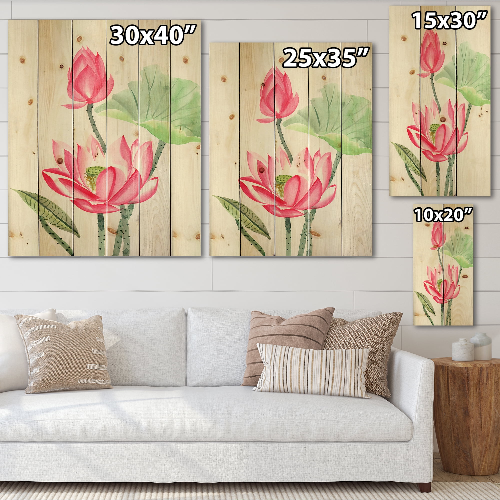 Designart 'Ancient Pink Lotus Flower' Traditional Print on Natural Pine Wood