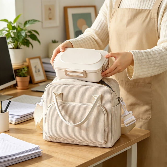 Lunch Bag for Women & Men, Insulated Lunch Box with Shoulder Strap Reusable Leakproof Lunch Tote Purse, Portable Thermal Cooler Bag for Work Picnic, Corduroy Pattern