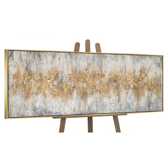 YS-Art Shimmering Moments Textured Abstract Wall Art with Gold Frame, Modern Large Canvas Painting, 60x20 in