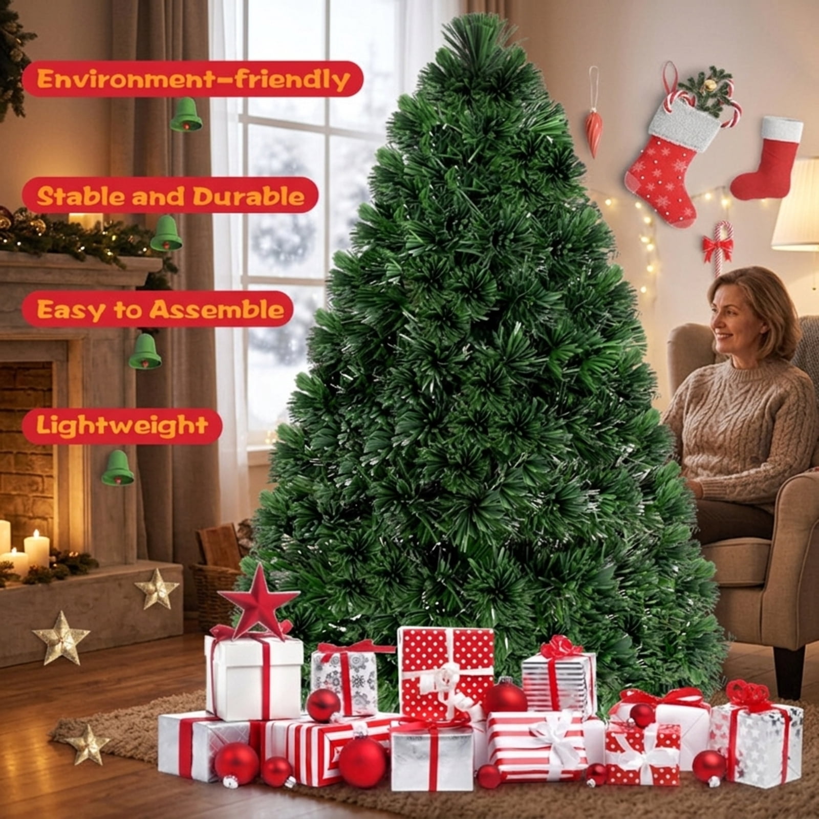 RUIE, 4 ft, Pre-Lit Artificial Christmas Tree, Small Fiber Optic Tree, 125 Branch Tips, Green, Hinged Branches for Christmas Party Living Room Decor