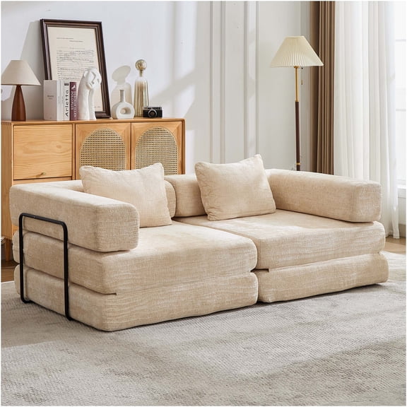 JERFIT Convertible Floor Sofa Bed 2-Seater, Memory Foam Chenille Fabric Modular Sectional Loveseat, No Assembly Required Foldable Sleeper for Small Space, Beige