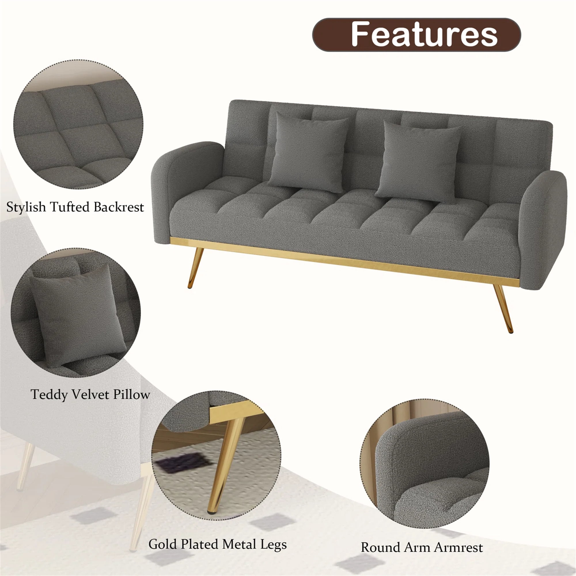Aukfa Square Tufted Futon Convertible Sofa Bed for Home Office, 2 Pillows, Teddy Fleece, Gray