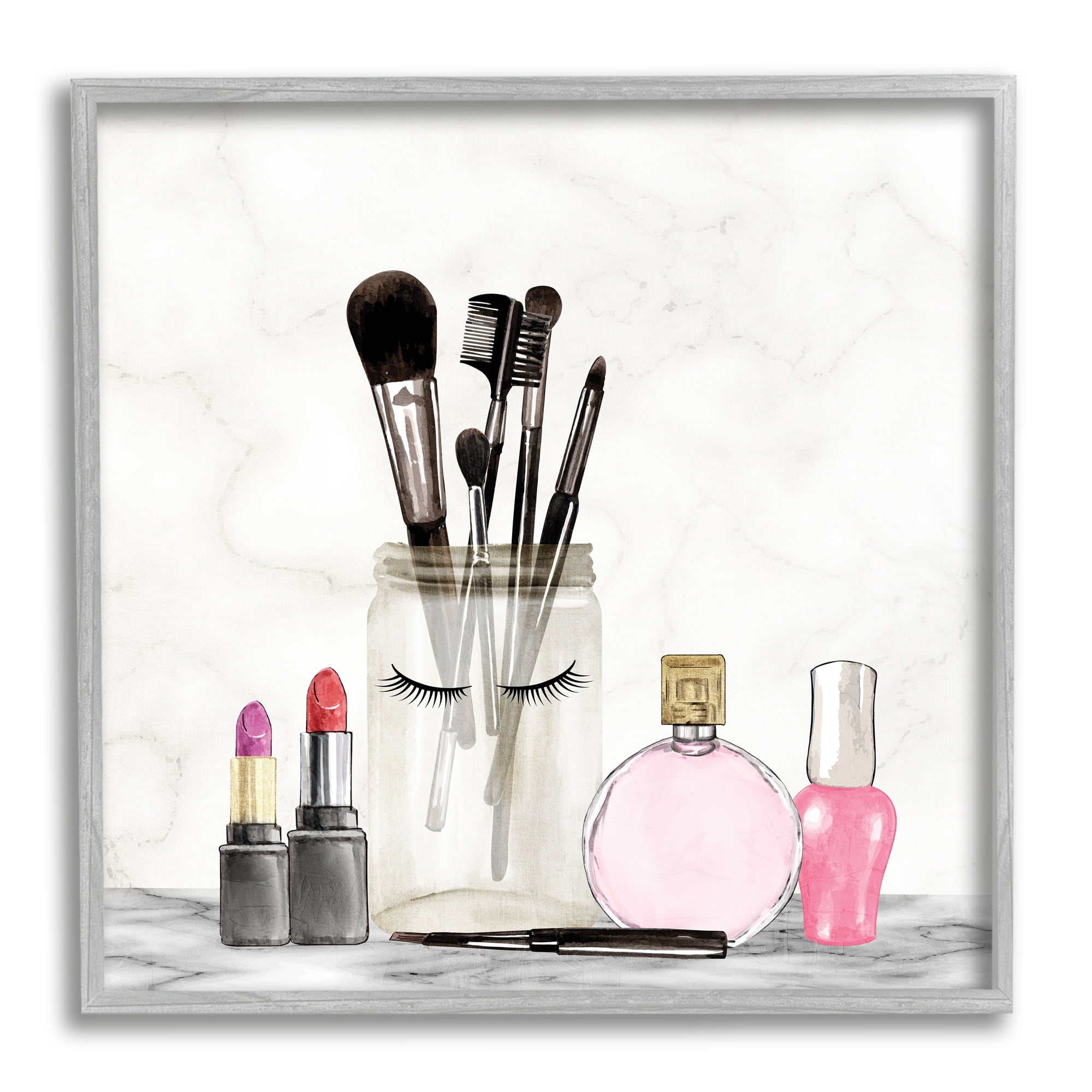 Stupell Industries Trendy Makeup Brushes Polished Fashion Cosmetics Graphic Art Gray Framed Art Print Wall Art, Design by Kim Allen
