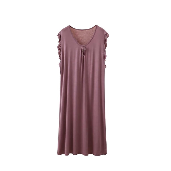 QINGFSAP Womens Ruffled Shoulder Sleep Dress Scoop Neck Bow Tie Detail Relaxed Nightgown