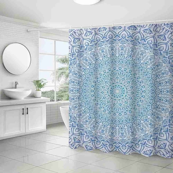 70x70 inch Blue and White Geometric Mandala Shower Curtain, Waterproof Polyester Fabric with Hooks for Bathroom Decor