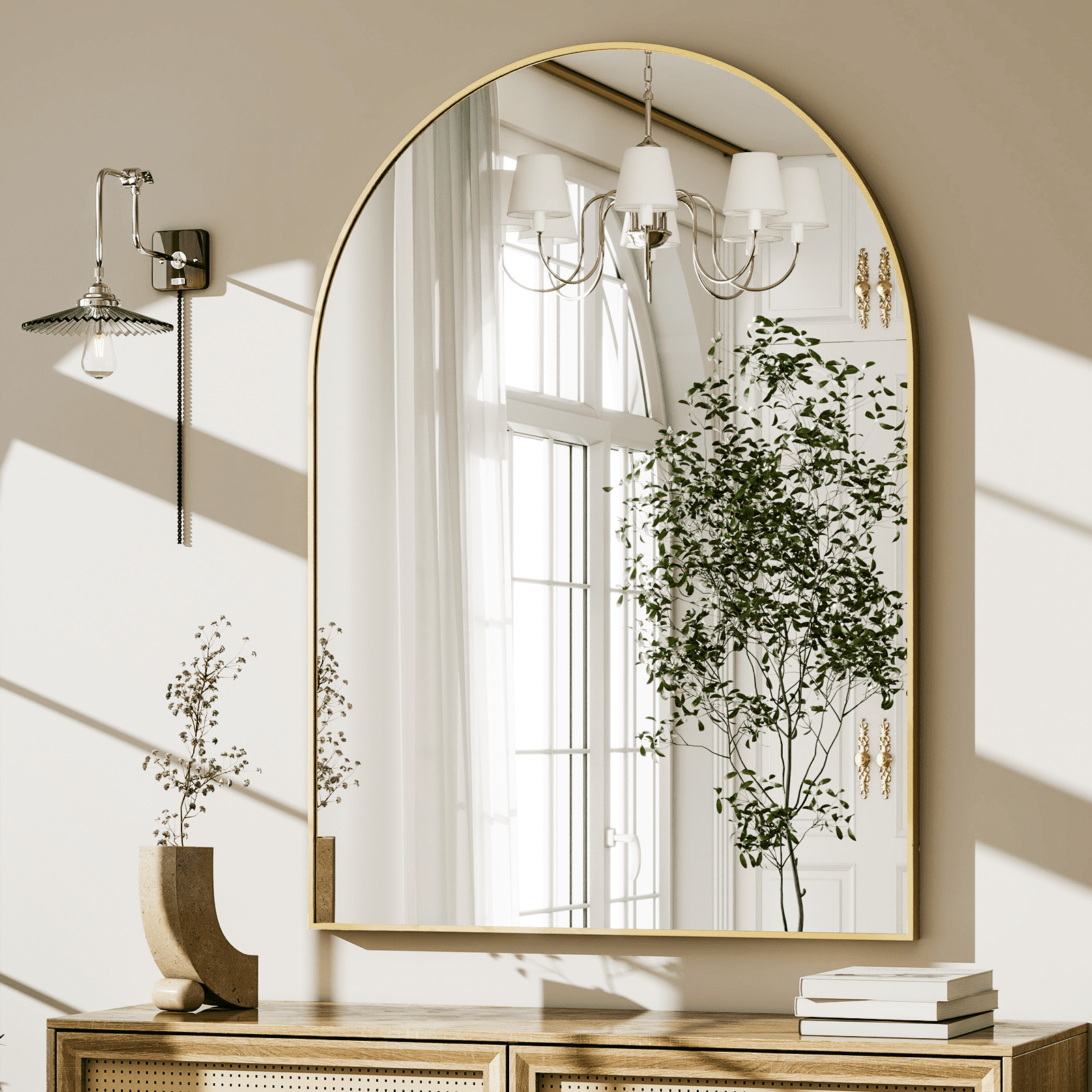 GRAHMCY 38"x26" Arched Bathroom Mirror Wall Mirror With Aluminum Alloy Frame, Gold