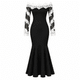 thumbnail image 4 of Women's Black Lace Appliqued Off Shoulder Mermaid Evening Gown Twisted Front Long Sheer Sleeve Dress with Train, 4 of 6