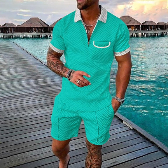 Vedolay Matching Short Sets For Men Men's Button Down Shirts Set Color Block Short Sleeve Shirts Drawstring Waist Shorts Tracksuit Set,Mint Green L