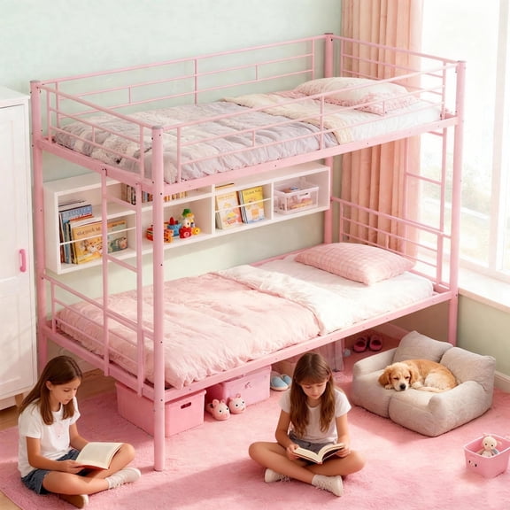 Metal Bunk Bed, Twin Over Twin Metal Bed Frame for 2, Heavy-duty Room Bunk Bed with 360° Guard Rails & Ladders, Per Bed Up to 400LBS, Pink