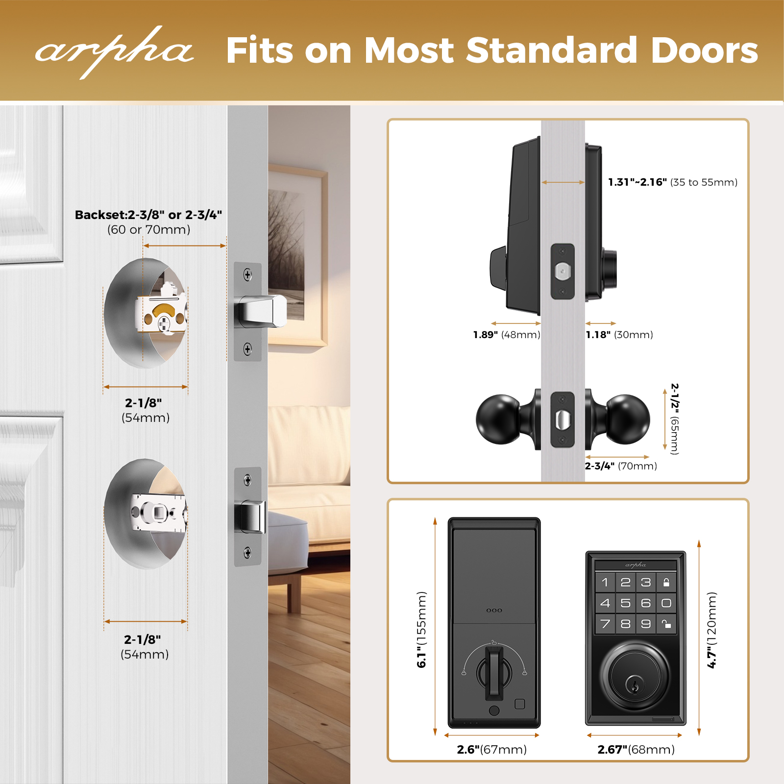 ARPHA Keyless Entry Door Lock with App Control, Smart Keypad Deadbolt with 2 Door Knobs, 100 Code Door Locks for Front Door, One Time Code, Auto Lock Easy to Install