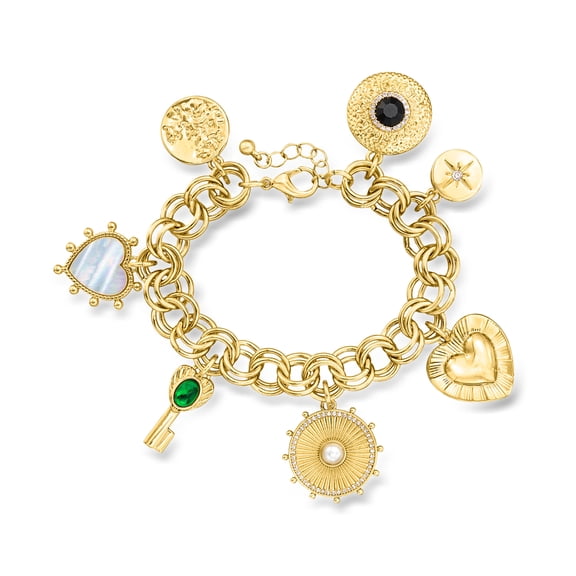 Ross-Simons 14kt Yellow Gold-Plated Charm Bracelet With Simulated Gemstones and .20 ct. t.w. Czs, Women's, Adult