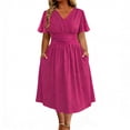 thumbnail image 2 of Dolkfu Mid-Length Going Out Dresses Short Sleeve V-Neck Waist Cinched Pink Faux-Wrap Dresses Modern Vacation Solid Regular Dresses Hot Pink,Xxxl, 2 of 5