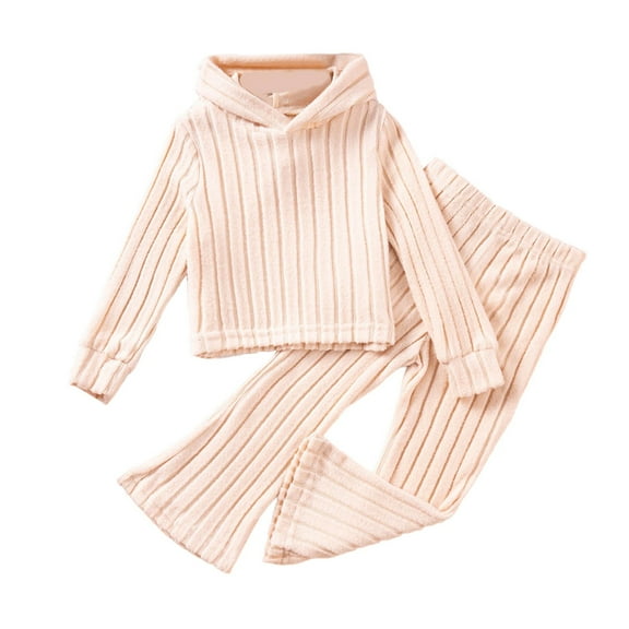Gyujnb Girls Outfits 2 Piece Set Soft Knit Hoodie and Pants Comfy Casual Fall Spring Toddler Kids Clothes Ribbed Texture Wear,Outfits for Girls,Size:2-3 Years
