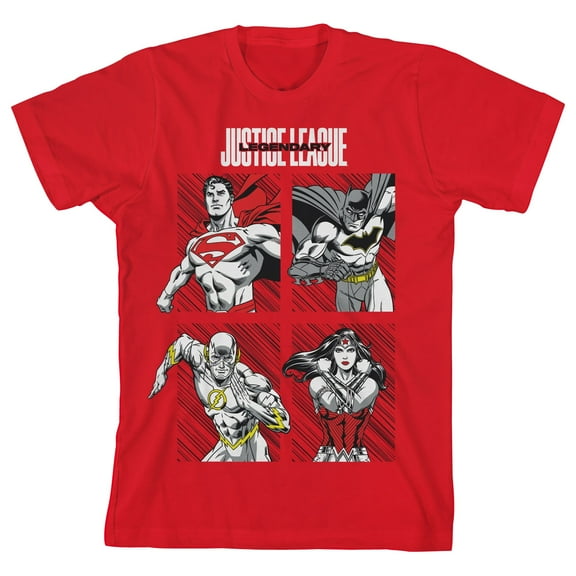 Justice League Superman Batman Flash Wonder Women Boxed Art Boy's Red T-Shirt-Medium