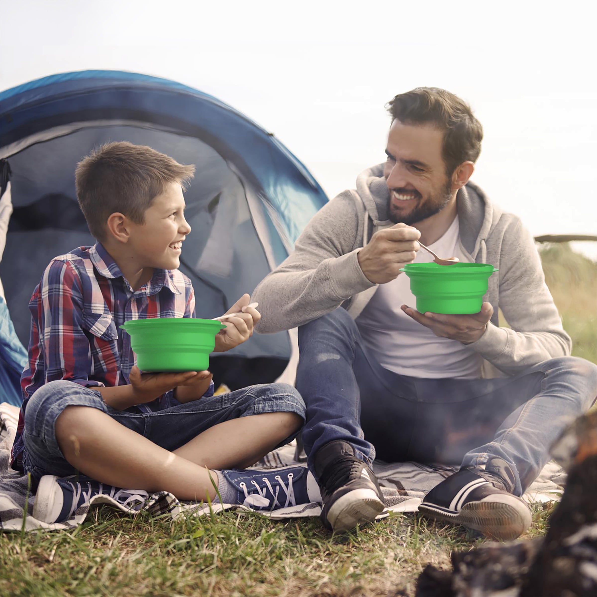 Collapsible Bowls with Lids- BPA Free Silicone, Reusable Hot or Cold Food Bowl for Camping, Travel, Hiking, More by Wakeman Outdoors (2 Pack, Green)