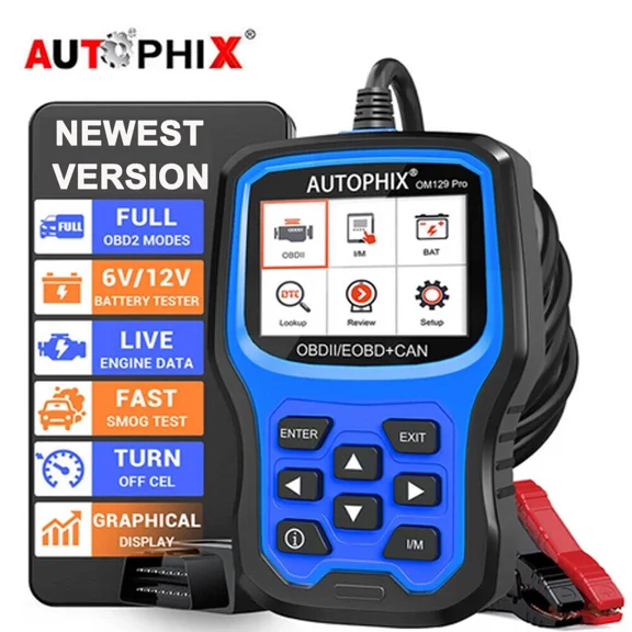 AUTOPHIX OM129 PRO OBD2 Scanner Battery Tester 2 in 1 Automotive Diagnostic Tool Engine Code Reader Full OBD2 Function Cranking Test Charging Test 12V Automotive Battery Tester EOBD OBD Auto Analyzer