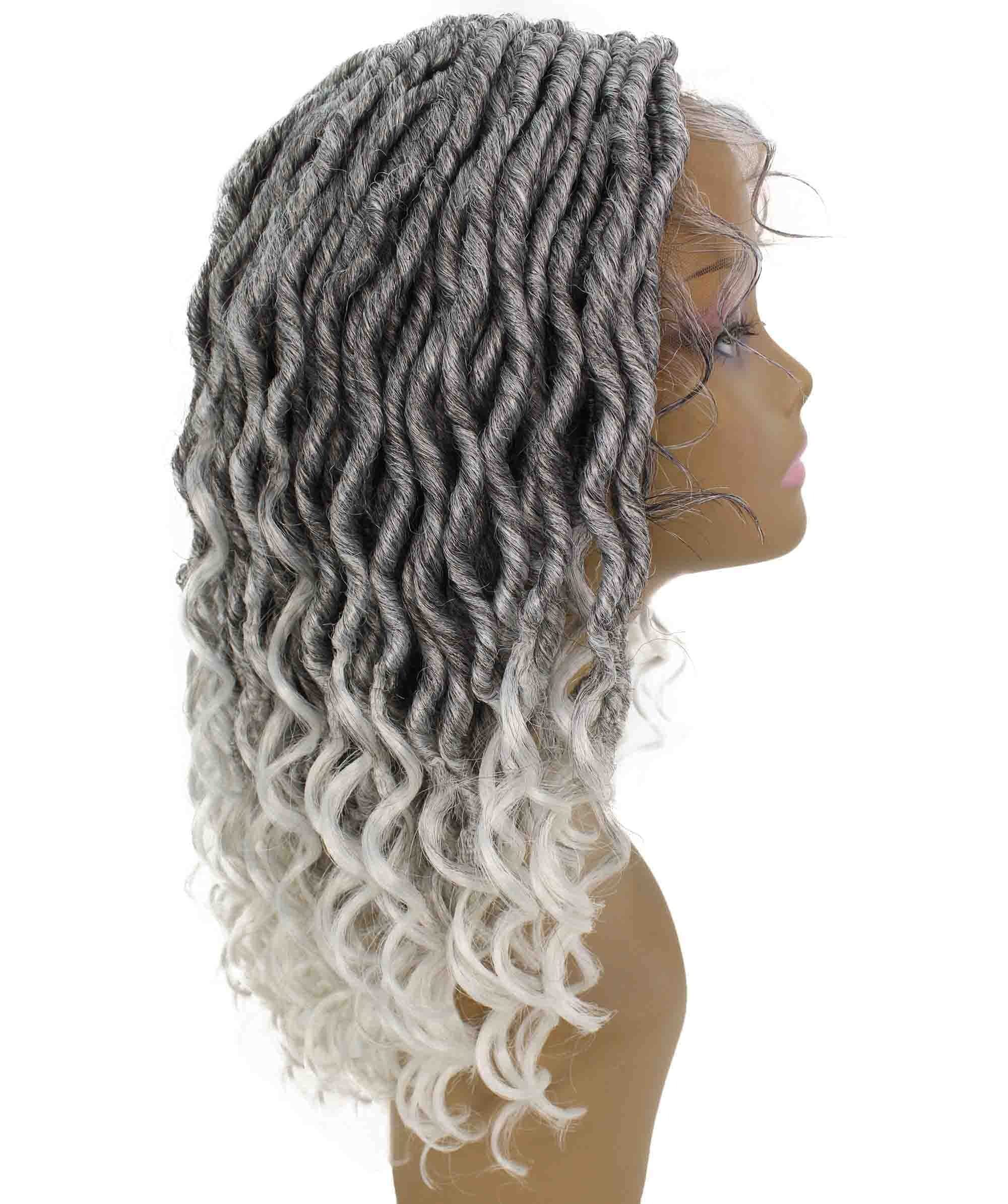 LUXLUXE Andrea Curly Long 4X4 Hand Tied Lace Braid Braided Wig, Beauty Heat Resistant Fiber, Black To White Ombre