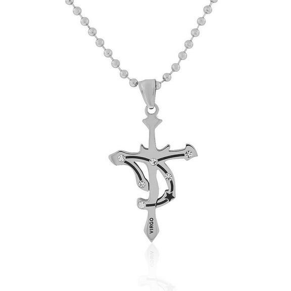 Stainless Steel Silver-Tone White CZ Zodiac Cross Pendant Necklace, 24"