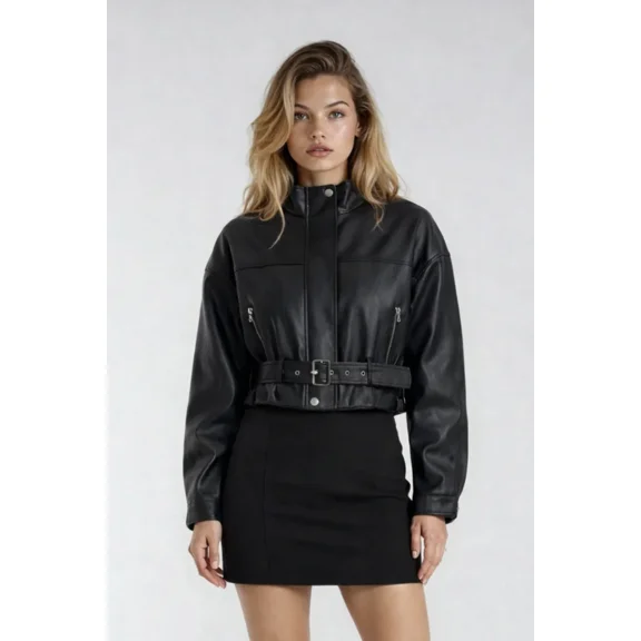 Forever 21 Faux Leather Belted Cropped Jacket, Color-Black, Size-S
