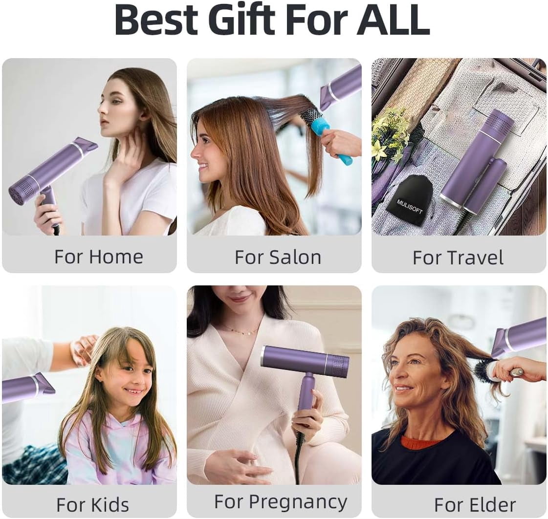 Hair Dryer for Women, Travel Hair Dryer, Powerful Ionic BlowDryer for Fast Drying, Lightweight Portable HairDryer, 3 Temperature 2 Speed Settings, Folding Handle for Compact with Storage Bag, Purple